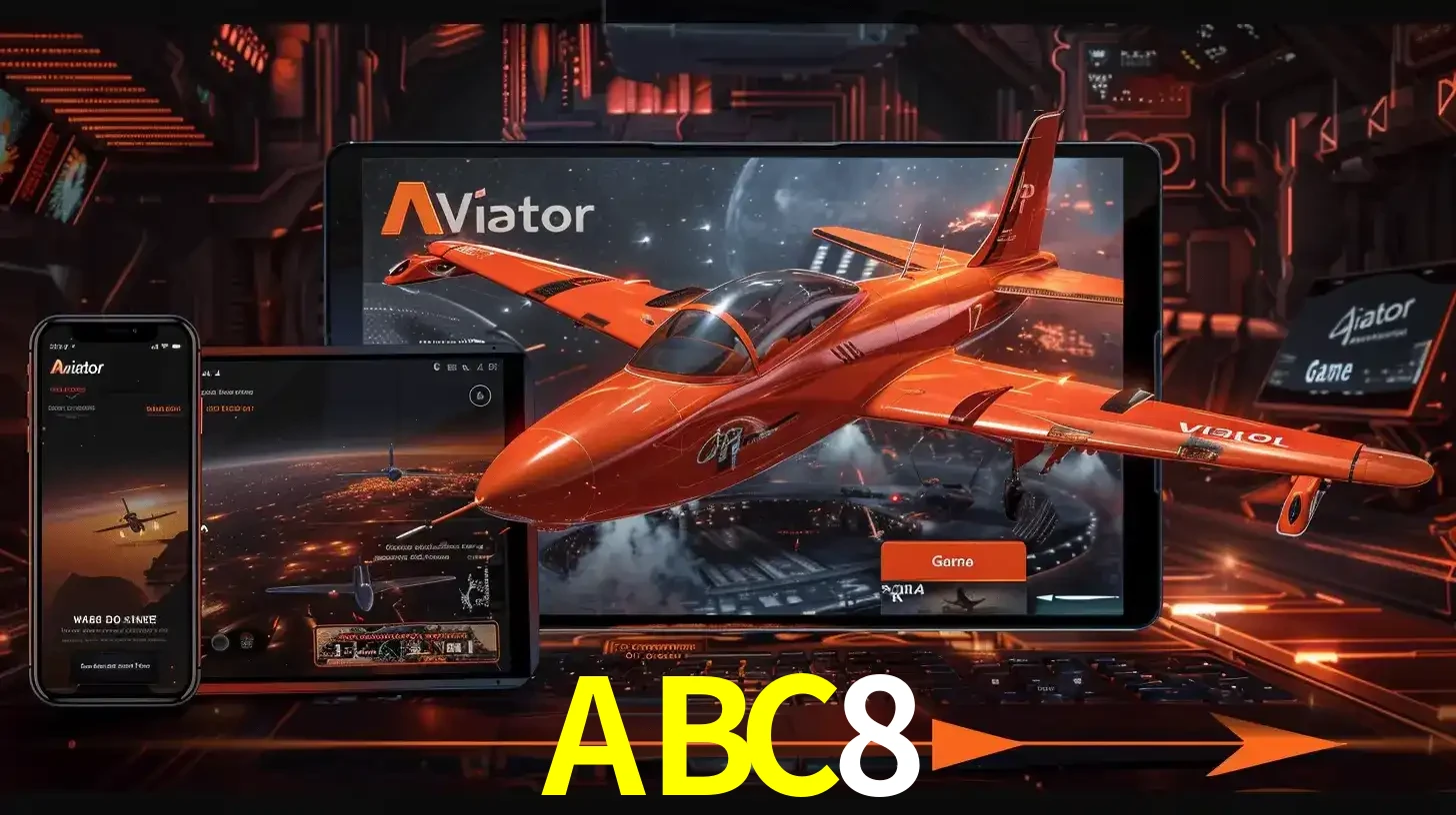 Apresentação tecnológica do jogo Aviator com um avião saindo da tela de um tablet, demonstrando a experiência imersiva em múltiplos dispositivos no ABC8.