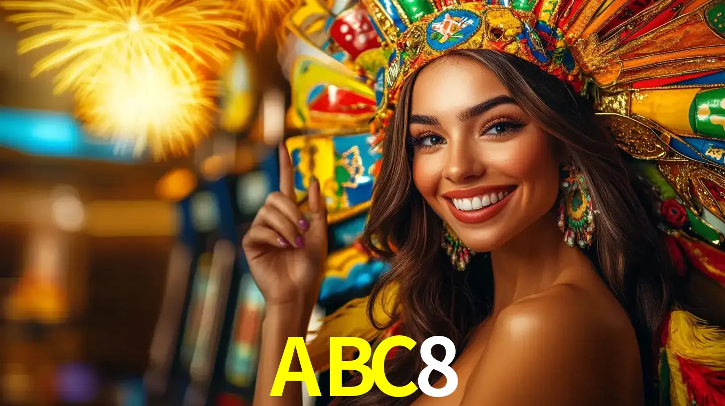 Mulher sorridente com um cocar de carnaval vibrante e colorido, celebrando uma grande vitória nos jogos do cassino ABC8 com fogos de artifício ao fundo.