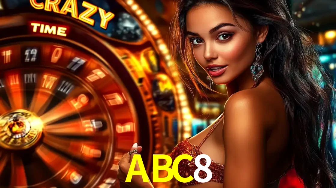 Mulher ao lado da roda de prêmios do jogo de cassino ao vivo Crazy Time, um dos shows de jogos mais emocionantes oferecidos pela plataforma de apostas ABC8.