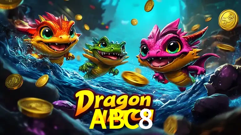 Arte promocional do jogo Dragon Hatch com três adoráveis dragões bebês nadando entre moedas de ouro, um dos slots mais divertidos para jogar no cassino ABC8.