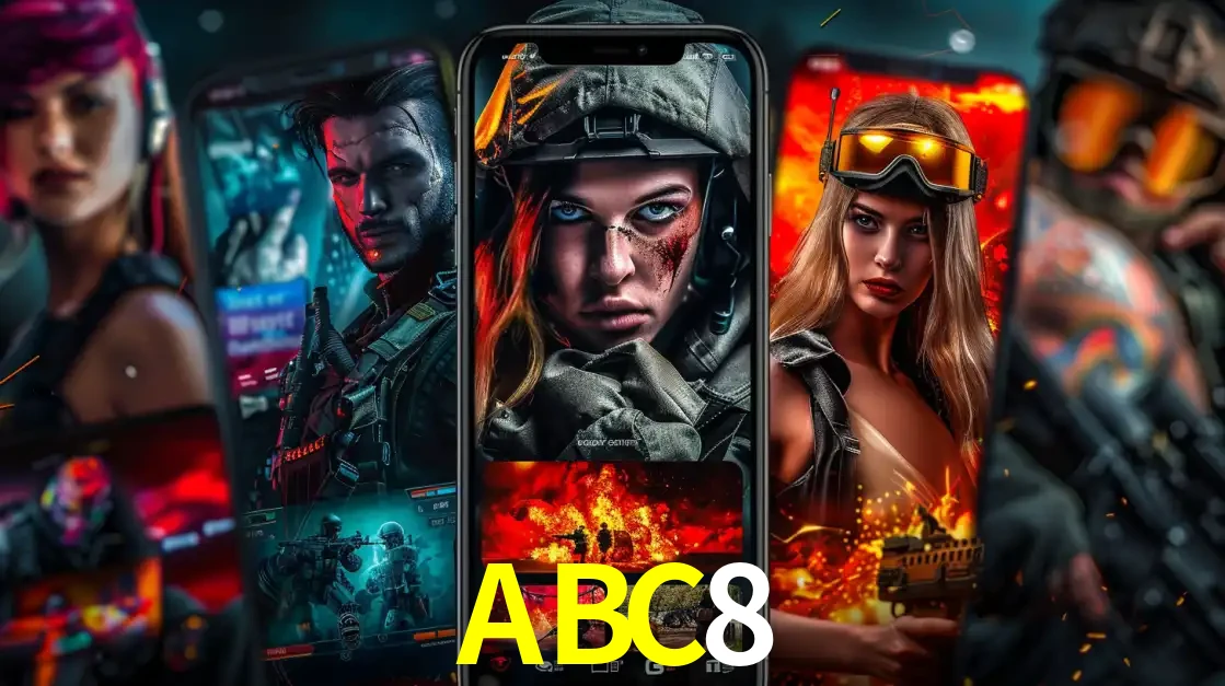 Montagem de telas de celular mostrando diversos personagens, masculinos e femininos, de um jogo de tiro, ilustrando a diversidade de equipes de e-sports para apostar no ABC8.