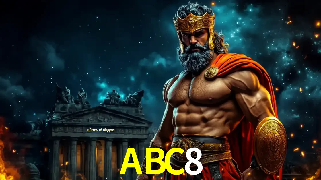 O poderoso Zeus do jogo de slot Gates of Olympus em frente ao seu templo, pronto para lançar multiplicadores divinos e prêmios épicos no cassino online ABC8.