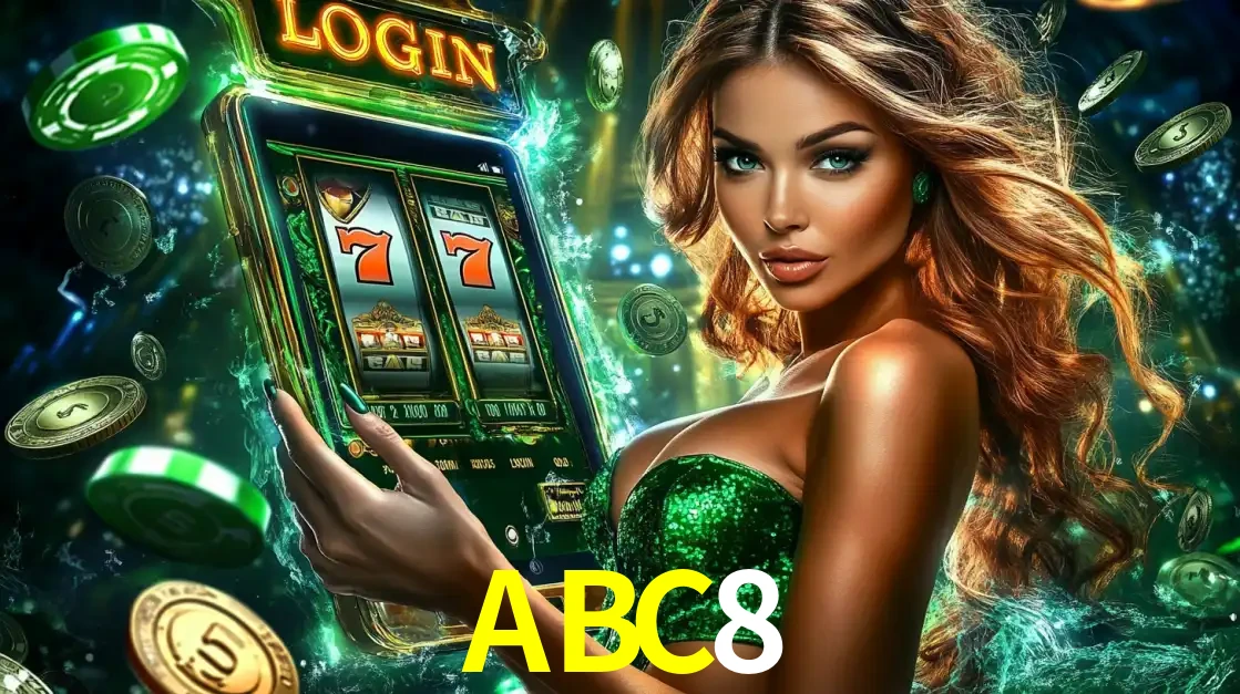 Mulher com tema verde apresentando o aplicativo do cassino ABC8 com um jogo de slot de 777, cercada por fichas de cassino e uma aura de sorte.