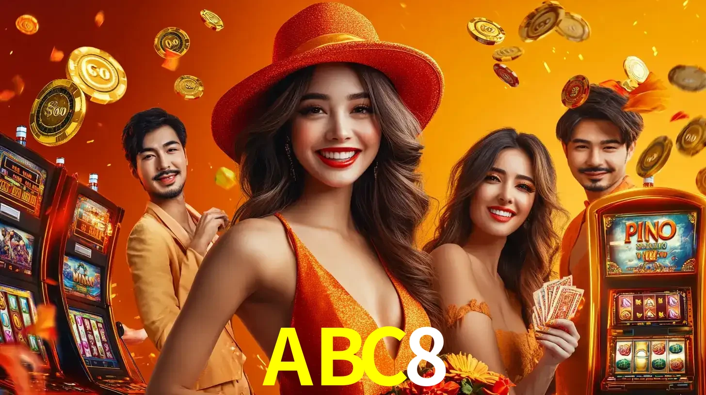 Grupo de amigos asiáticos sorrindo e se divertindo com máquinas de caça-níqueis em um ambiente festivo, celebrando suas vitórias nos jogos de cassino do ABC8.