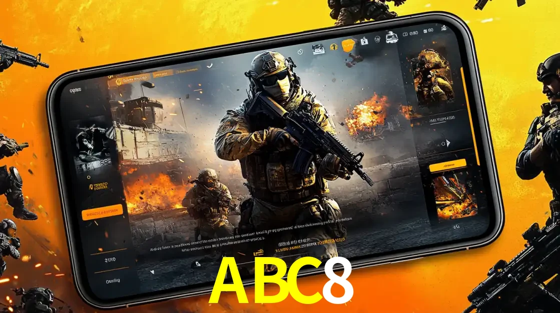 Um smartphone exibindo a interface de um jogo de tiro em primeira pessoa, com um soldado em um cenário de batalha, representando a ação dos e-sports para apostar no ABC8.
