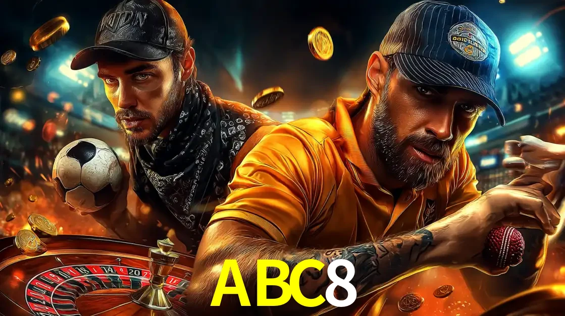 Montagem de apostas esportivas e cassino no ABC8, com um homem segurando uma bola de futebol e outro uma de beisebol sobre uma roleta e moedas voadoras.