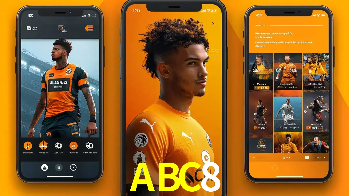 Interface do aplicativo de apostas esportivas ABC8 em três telas de celular, mostrando o perfil de um jogador de futebol e a lista de jogos disponíveis para apostar.