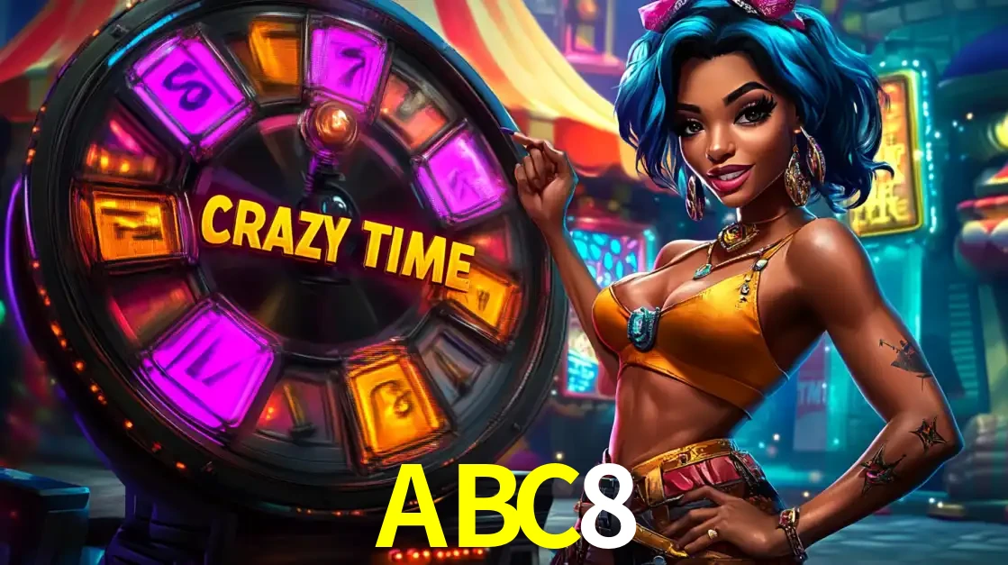 Mulher estilizada com cabelo azul e visual vibrante posando ao lado da roda de prêmios do game show Crazy Time, convidando para a diversão e os bônus do cassino ABC8.
