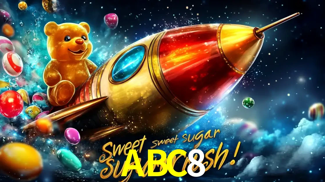 Arte promocional do jogo de slot Sugar Rush, com um urso de pelúcia em um foguete viajando pelo espaço de doces, um dos jogos divertidos disponíveis no cassino ABC8.