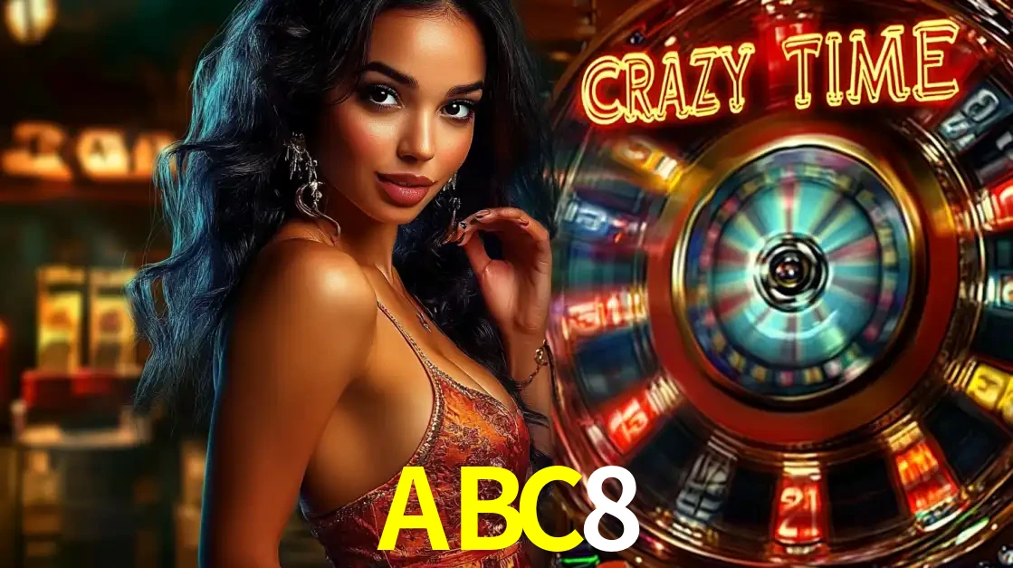 Mulher elegante ao lado da vibrante roda da fortuna do jogo de cassino ao vivo Crazy Time, um dos game shows mais populares e cheios de prêmios do ABC8.