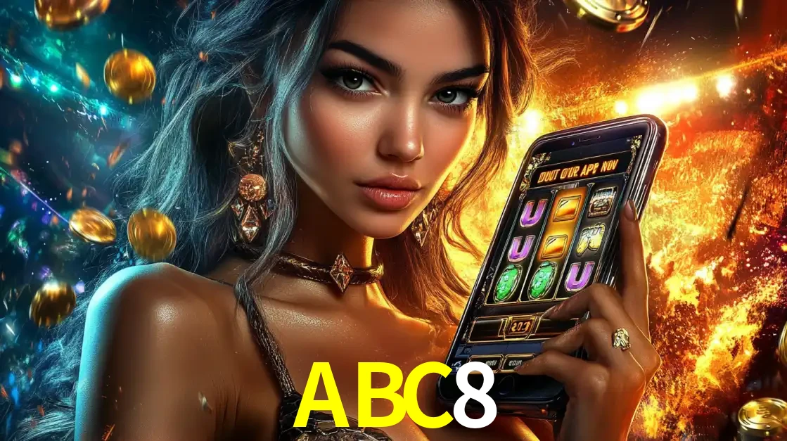 Mulher elegante mostrando um jogo de caça-níqueis em seu smartphone, destacando a experiência de cassino móvel oferecida pelo aplicativo ABC8.