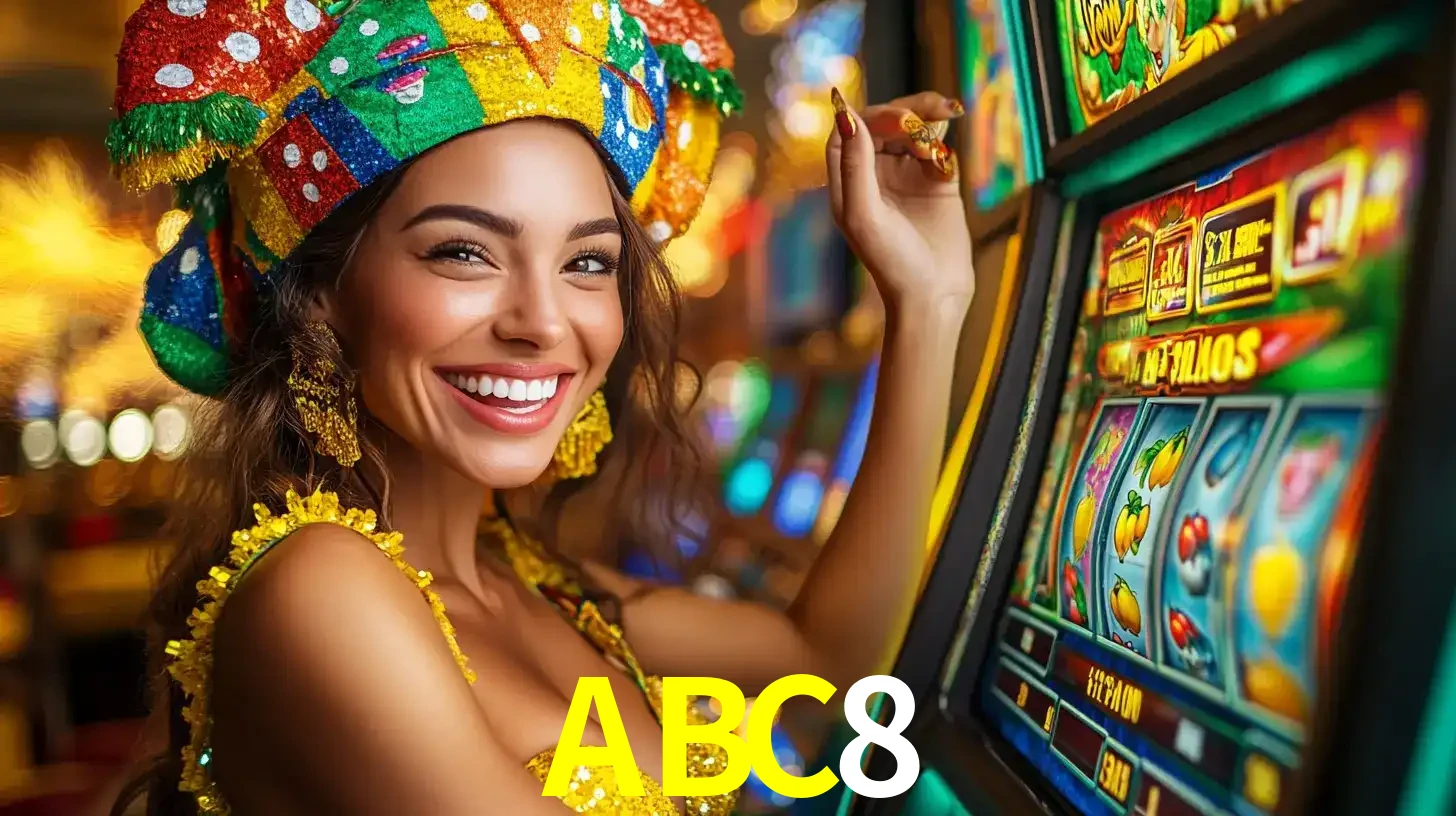 Mulher feliz com traje de carnaval amarelo e colorido ao lado de uma máquina de caça-níqueis, aproveitando a diversão e os jogos temáticos do cassino ABC8.