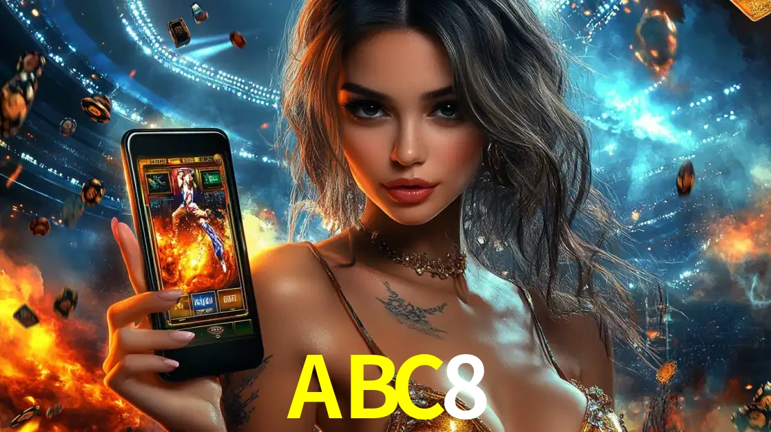 Mulher segurando um celular com um jogo de slot em destaque, tendo como fundo um estádio vibrante, simbolizando a emoção de jogar no cassino móvel ABC8.