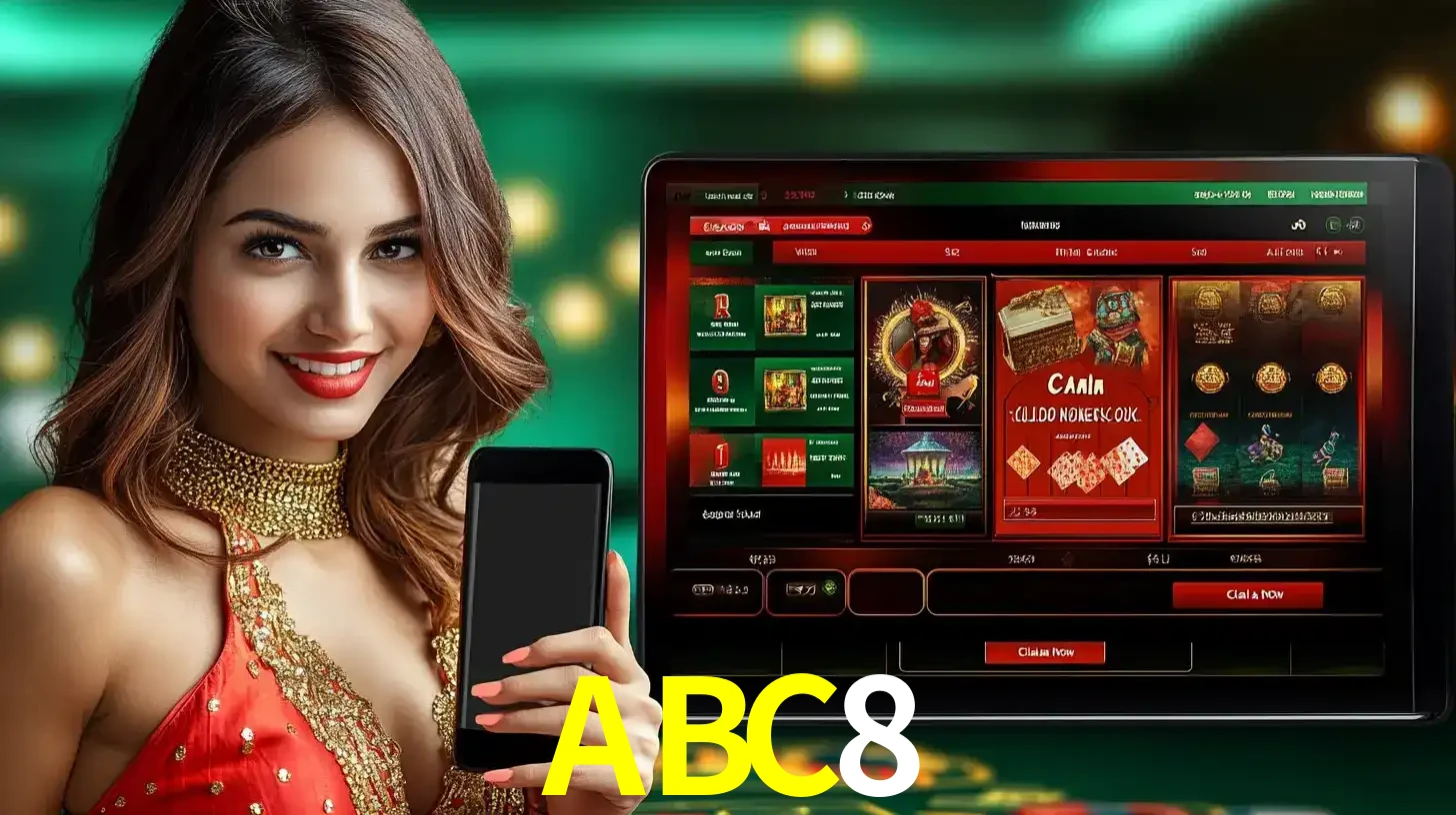 Mulher sorridente segurando um smartphone, ao lado de uma tela exibindo o lobby de jogos do cassino online ABC8, com várias opções de jogos de cartas e slots.